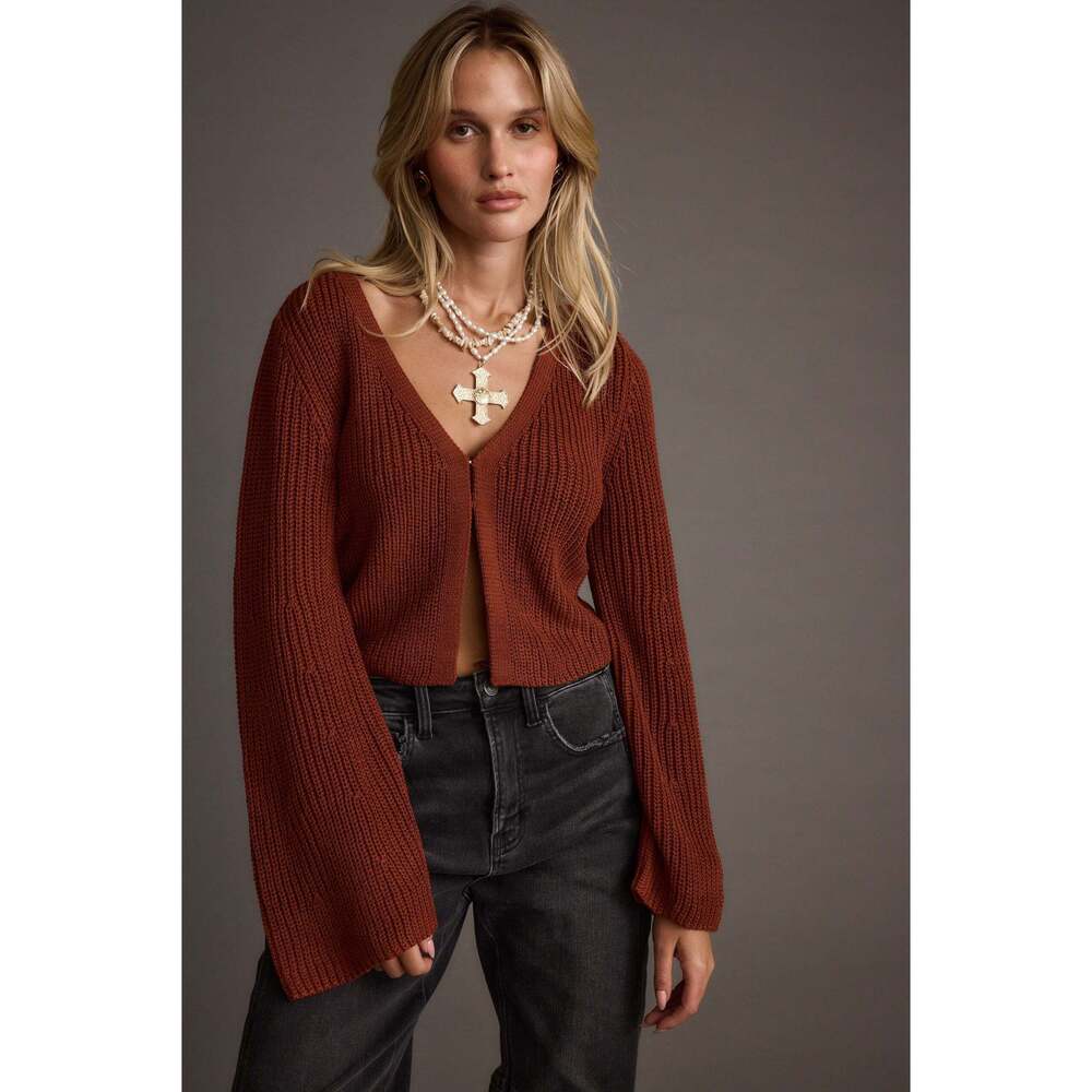 12th Tribe Fawn Rust Long Sleeve Split Front Knit Top Size XS